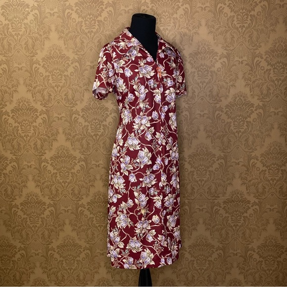 Vintage 70s Mod Fall Floral Dagger Collar Triangle Pull Zipper Front Dress - Picture 2 of 13